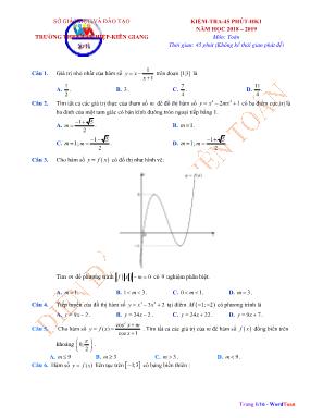 Đề kiểm tra 45 phút học kỳ I môn Toán Lớp 12 - Năm học 2018-2019 - Trường THPT Tân Hiệp (Có đáp án)